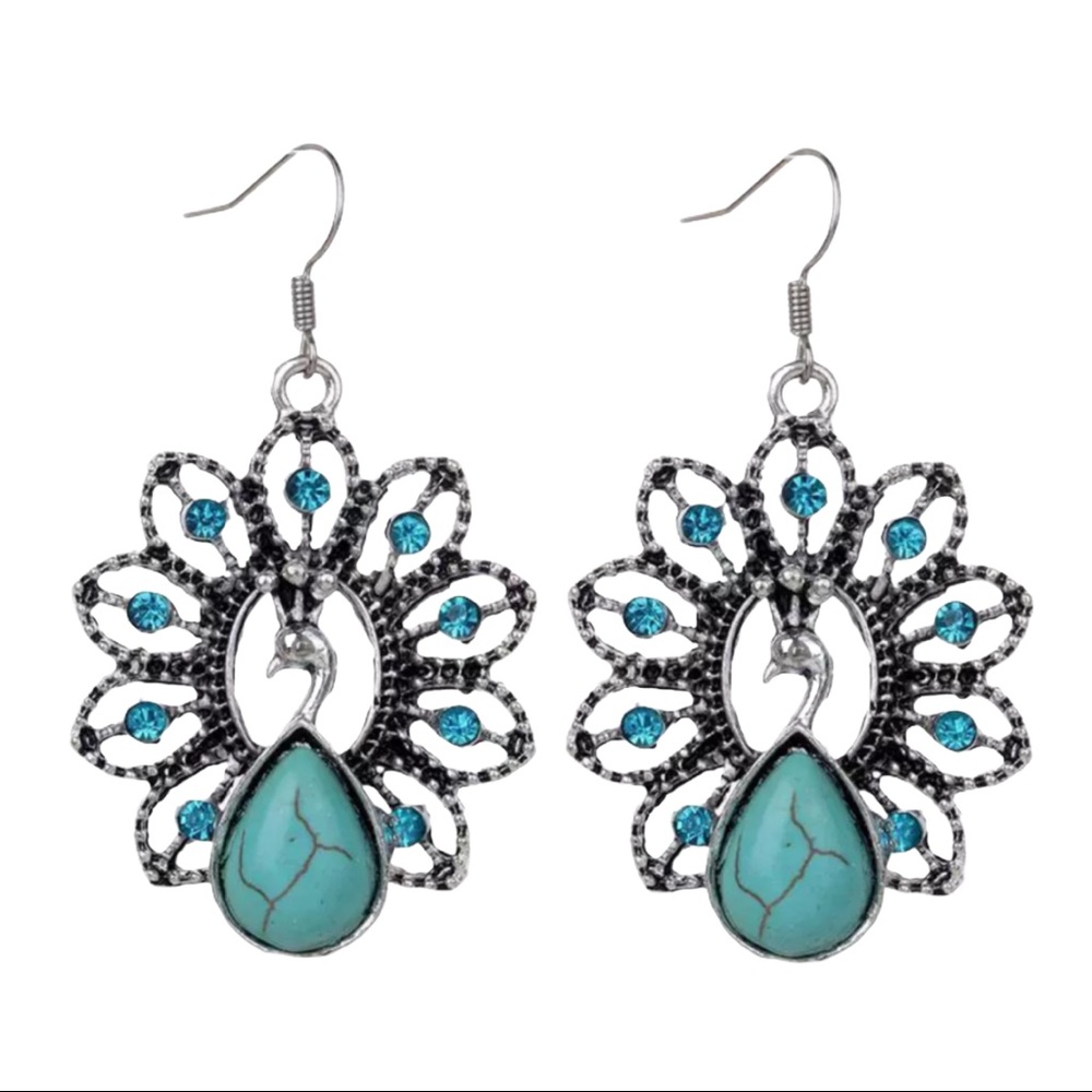 Peacock Drop Earrings Boho Fake Turquoise - Picture 6 of 8